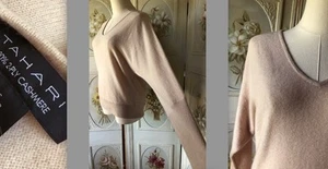 TAHARI PURE CASHMERE SOFT SWEATER VEE DOLMAN SLEEVE ECRU LIGHT TAN CLEAN EUC S - Picture 1 of 9