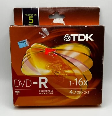 TDK DVD-R 1-16x 4.7 GB Pack of 5 Discs NEW - Image 1 of 3