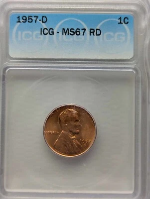 1957 D Lincoln Wheat Cent ICG MS 67 RD Beautiful Red Penny  - Image 1 of 4