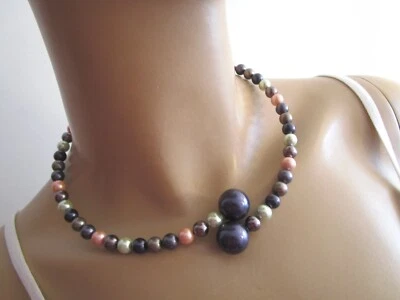 Damen Hals Kette Collier Halsreif kurz Muschelkern Perlen Bunt Lila Statement ! - Bild 1 von 3