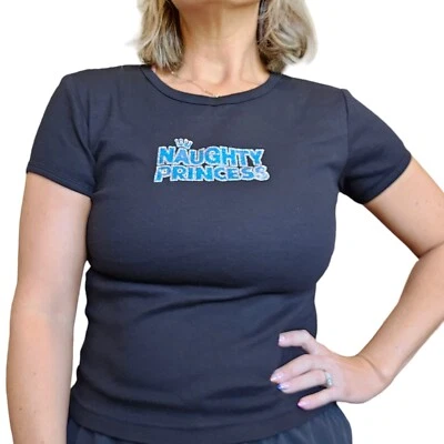 90s Y2K Graphic Naughty Princess Baby Tee Top Black Fitted S/M Blue Glitter - Image 1 of 4