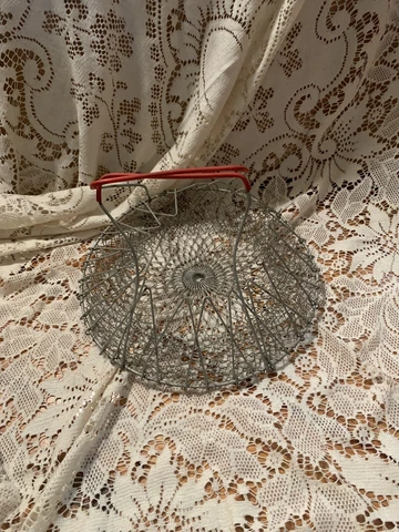 Vintage Wire Mesh Egg Basket Rustic Collapsible Red Handle French Country Farm Cover