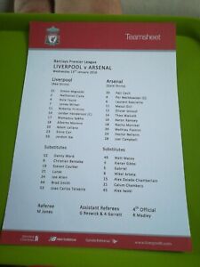 Foglio squadra calcio Liverpool v Arsenal. Premier LG. 13.1.2016. Ottimo cond