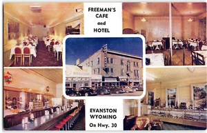 FREEMAN'S CAFE & HOTEL Evanston, WY Lincoln Highway Straßenrand 1940er Autos Postkarte - Bild 1 von 2