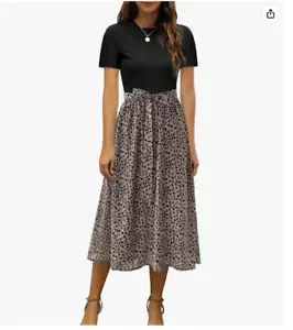Zattcas Women’s Dress Short Sleeve Large Black Brown Midi Dress Casual Work - Picture 1 of 6