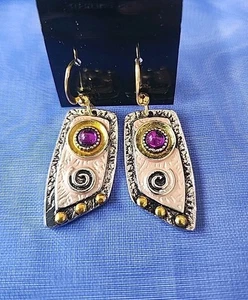 Abstract Shaped Tri-Tone Metal Drop Earrings With Purple Stone Reversible Zinc - Picture 1 of 4