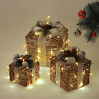 3pcs Pre-Lit LED Rattan Gift Boxes Christmas Tree Present Pinecone Berries Decor