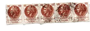 ITALY; REPUBBLICA ITALIANA; 100 LIRE; STRIP OF 5; used *s - Picture 1 of 1