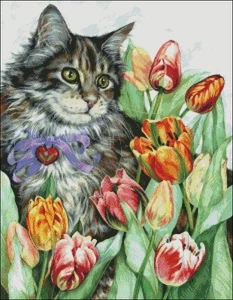 Handarbeit Vollsticken Gezählt Kreuzstich Kits 14 Karat Katze mit Tulpen - Bild 1 von 5