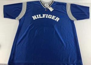 NWT Vintage 90s Tommy Hilfiger Spell Out Jersey Blue Men's Medium Oversized Fit - Picture 1 of 7