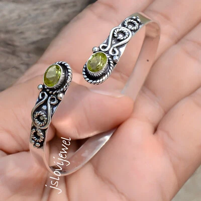 Apple Green Peridot Gemstone 925 Sterling Silver Cuff Bangle For Girl's Gift - Image 1 of 4