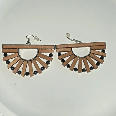 Pendientes perforados divisores de piedra de ónix negro madera palillo abanico chino J Crew ❤️tb Foto 1 de 4