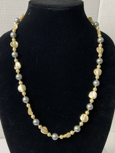 OFF WHITE Collana Perline Plastica 12" Off Bianco Grigio Tono Oro Festa Divertente Gioielli