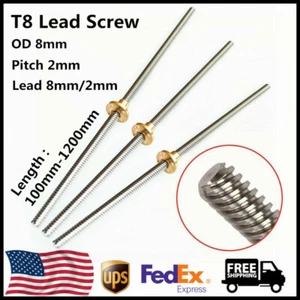 T8 Lead Screw Rod OD 8mm Pitch 2mm Lead 8mm/2mm Length 100-1200mm w Brass Nut - Picture 1 of 29