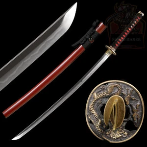 Japanese Katana Sword Full Tang T10 Steel Clay Tempered Red Saya Razor Sharp - Picture 1 of 17