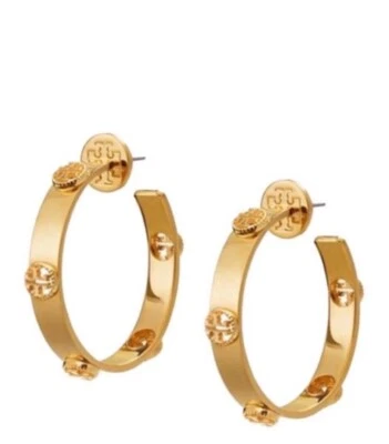 Tory Burch Plated Milgrain Logo Hoop Earrings NEW - Image 1 of 4