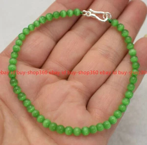 Natural 4mm Dark Green Opal Cat's Eye Gems Beads Bracelet 7.5" 925 Silver Clasp - Picture 1 of 12