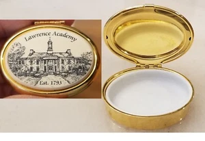 OVAL PILL BOX~BRASS/IVORY~LAWRENCE ACADEMY EST 1793~GROTON, MASS~MASSACHUSETTS - Picture 1 of 15