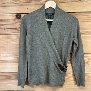Lauren Ralph Lauren Sweater Womens XS Cashmere Blend Wrap Green Faux Leather B80 - Picture 1 of 14