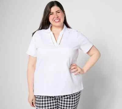 Isaac Mizrahi Live! Топ-поло с коротким рукавом Clubhouse с оборками белый M A634847 - Изображение 1 из 2