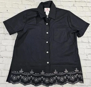 QUACKER FACTORY Rhinestones Accents Sz Large Black Stretchy Button Up Shirt - Picture 1 of 4