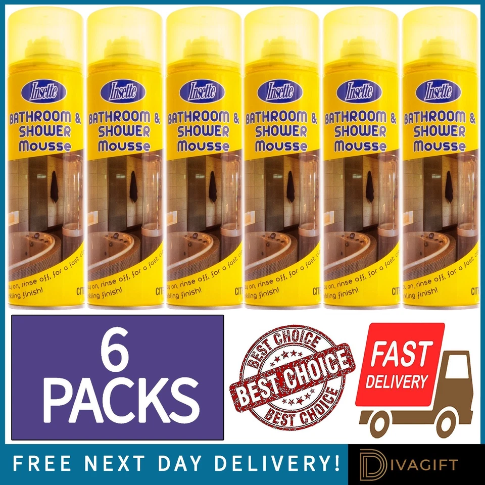 6 x INSETTE BATHROOM & SHOWER MOUSSE SPRAY 500ML FAST CLEAN SPARKLING FINISH NEW - Image 1 of 2