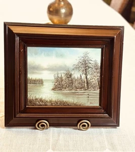 Pintura al óleo rústica primitiva vintage de los años 70 enmarcada en madera/firmada única en su clase/arte de pared - Imagen 1 de 13