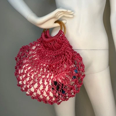 Bolso de Mano Vintage Años 70 Rosa Plástico Crochet Asas Plástico Redondas Años 70 Cartera Boho Foto 1 de 2