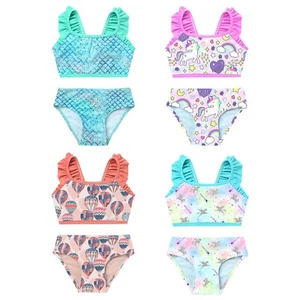 Kids Girls Ruffled Shoulder Straps Printed Tankini Swimsuit Two Pieces Swimwear - Picture 1 of 50