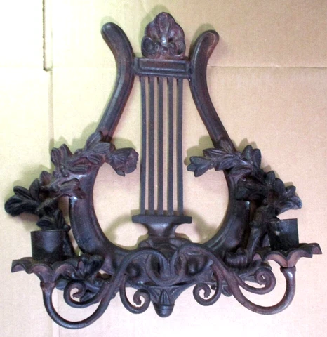 Candle Wall Sconce 2 Arm Lyre Harp w/ Laurel Red Hued Cast Iron 1900s Antique Cover