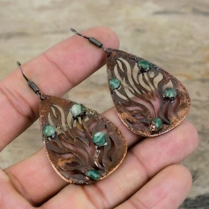 Natural Green Tourmaline Rough Copper Electroformed Dangle Drop Earrings Jewelry - Picture 1 of 6