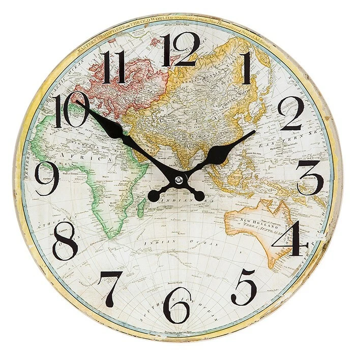  Vintage Style World Map Clock Glass Wall Clock, 29cm Diameter, Antique Effect - Image 1 of 1