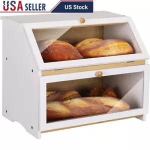 Double Layer Bread Box Large Capacity Kitchen Storage Bamboo Freshness Keeper US - Picture 1 of 7