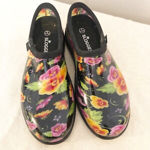 Sloggers Garden Clogs Shoes Womens Size 9 Black Multicolor Floral Slip Slide On