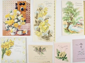 Vintage Birthday Greeting Card LOT 7 Yellow Purple Flower Theme Floral - Picture 1 of 5