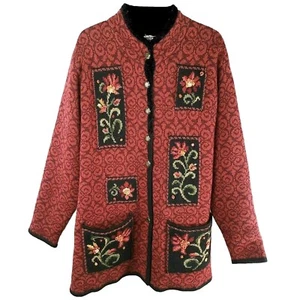 ICELANDIC DESIGN M Red Scandi Floral Embroidered Wool Sweater Coat Coatigan - Picture 1 of 9