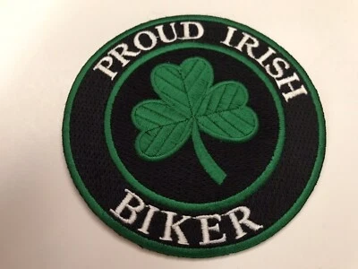 PROUD IRISH BIKER embroidered PATCH CLOVER SHAMROCK IRELAND iron-on EIRE emblem - Image 1 of 2