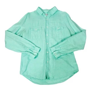 Express Shirt Men M Green Linen Blend Collared Button Down Long Sleeve Pockets - Picture 1 of 8
