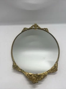 Vintage Gold Oval Roses Floral Vanity Mirror Filigree Ormolu Tray - Picture 1 of 12
