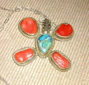 VTG NAVAJO CORAL TURQUOISE STERLING SILVER 2x2" PENDANT LGE LINK CHAIN NECKLACE - Picture 1 of 9