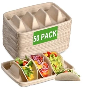 50 Pcs Disposable Taco Holders, Taco Plates Disposable with Dividers for - Picture 1 of 7