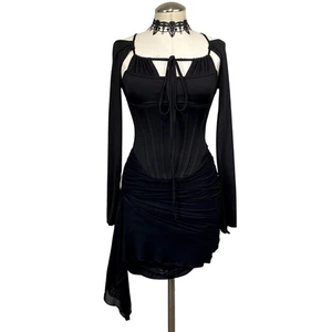 Träger Milkmaid Faux Korsett Bodycon Rüschen Langarm Goth Emo Minikleid  - Bild 1 von 18