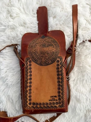 Vintage Mexican Leather Bag Aztec Calendar Handmade Hecho en Mexico - Image 1 of 4