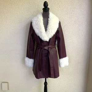 New SO Penny Lane Coat Size L Maroon Faux Leather Fur Belt Y2K Hippie Retro Boho - Picture 1 of 19