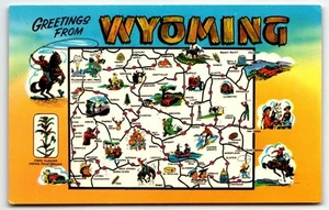 Postkarte Wyoming Karte Karte UNP Chrome WY Grüße - Bild 1 von 2