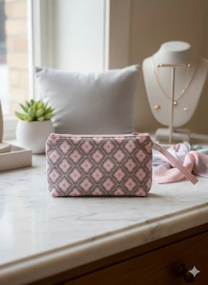 Bolso/cartera para monedas/bolso de maquillaje/cartera hecha a mano rosa y gris con cremallera Foto 1 de 2