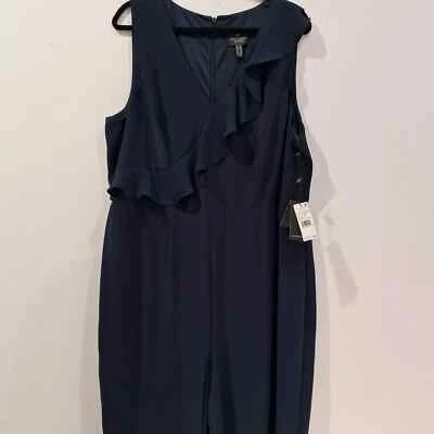 Adrianna Papell Women's Gauzy Crepe Ruffle Jumpsuit 20W  V-Neck Blue Moon - Image 1 of 4
