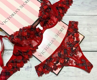 Victoria's Secret LUXE Unlined Floral Embroidered Demi Thong Bra Set Red Plaid - Image 1 of 4