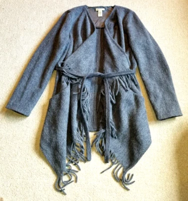 Womens Jacket-ORVIS-slate gray/blue Alpaca/Wool blend fringe belted lined BOHO-S - Image 1 of 4