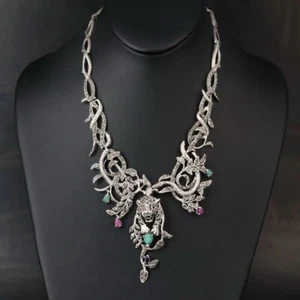 Sterling Silver Jungle Cat Necklace Emerald Ruby Sapphire 925 16.25”Statement - Picture 1 of 5